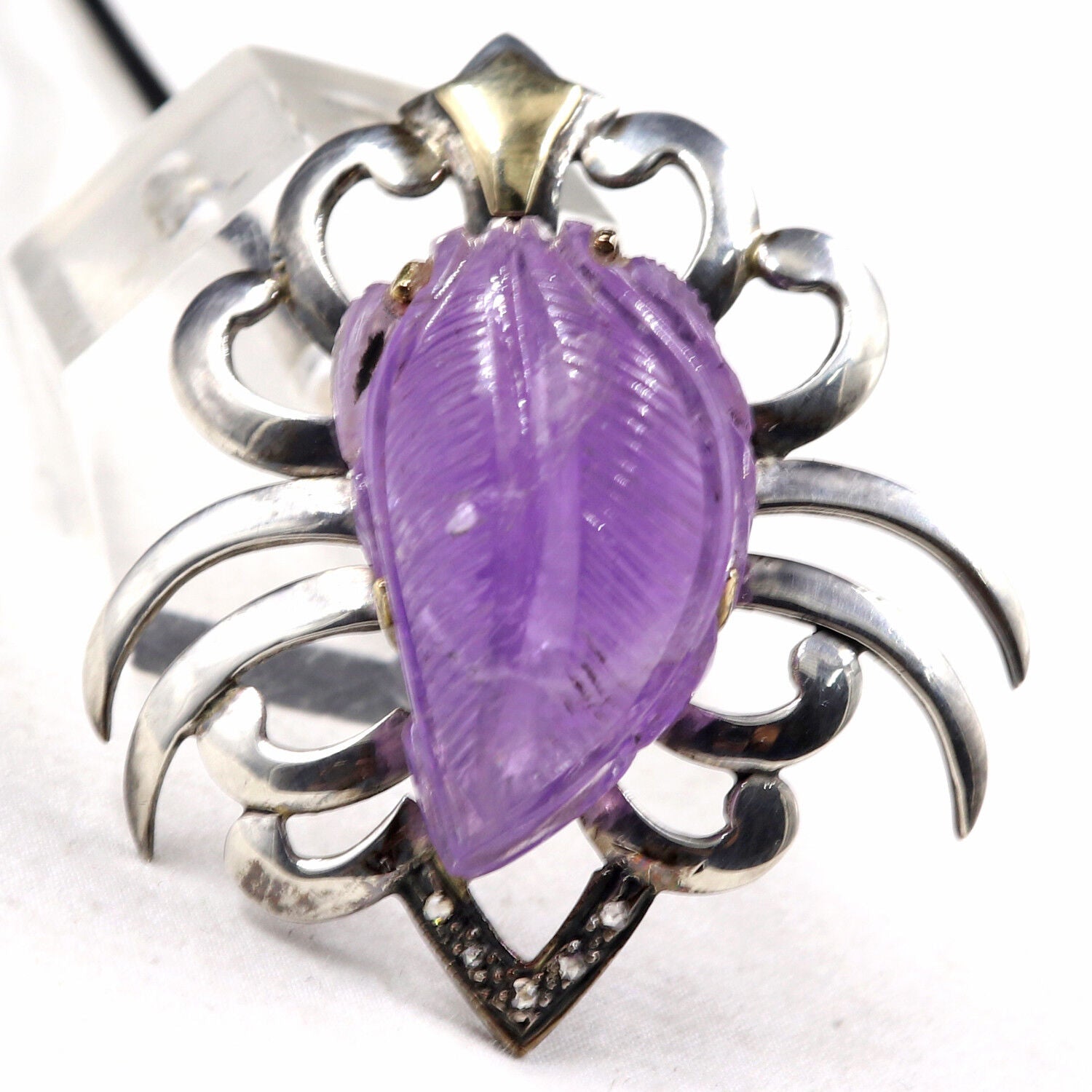 ANTIQUE NATURAL AMETHYST CARVED DIAMOND VICTORIAN PENDANT IN 925 SILVER & GOLD