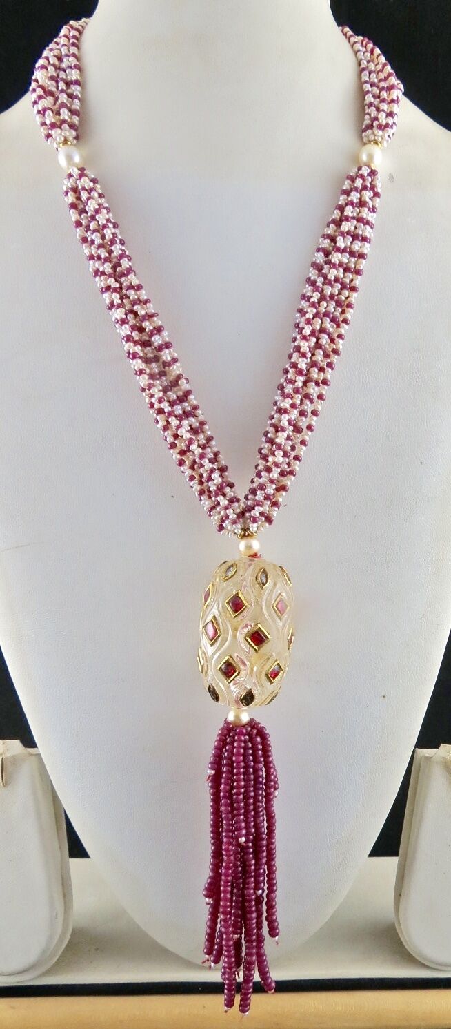 ANTIQUE NATURAL ROCK CRYSTAL QUARTZ 22K GOLD RUBY PEARL BEADS IMPORTANT NECKLACE