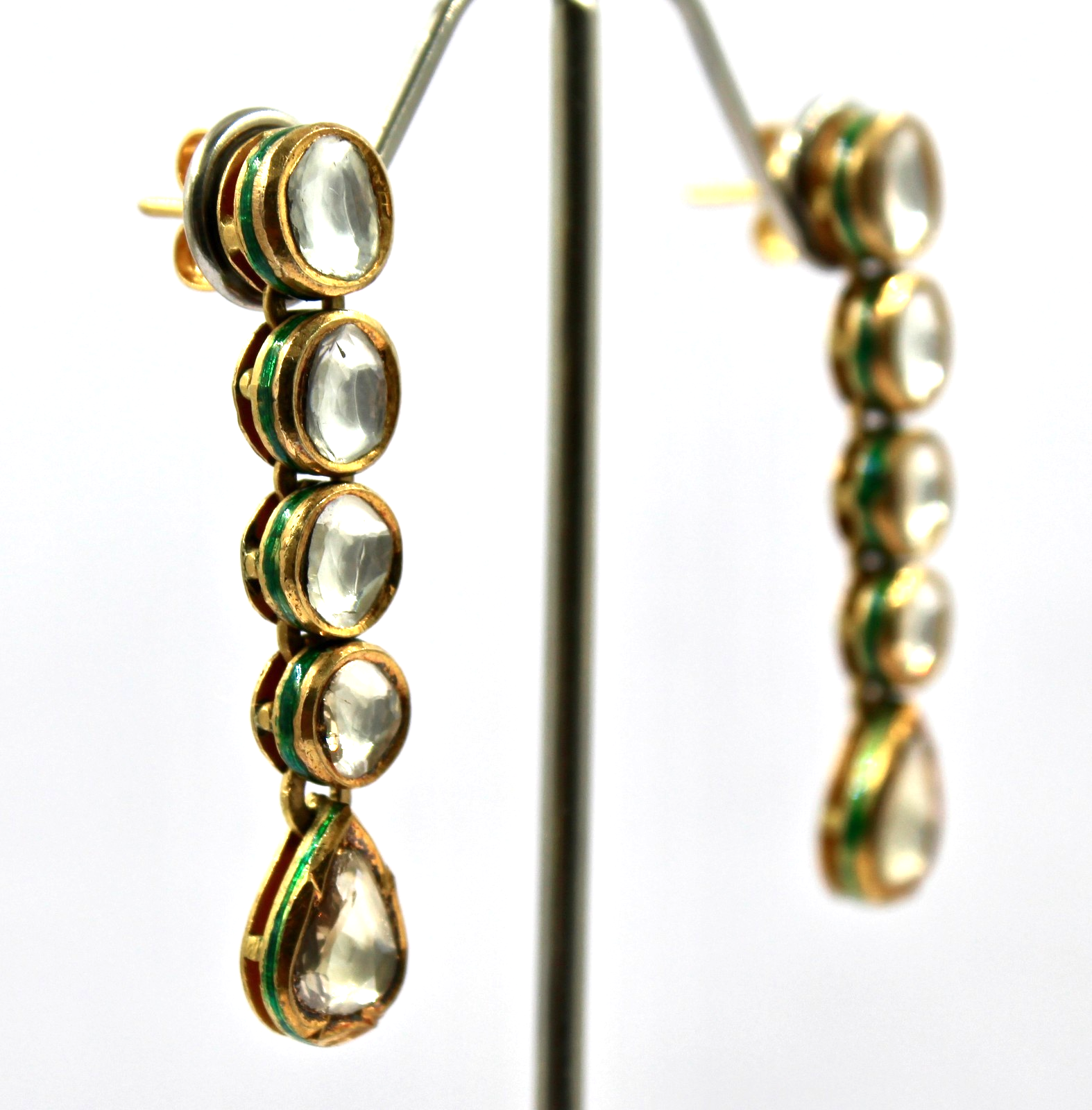 Certified Natural Diamond 74.45ct 22k Gold Jadau Kundan Meena Vintage Earrings