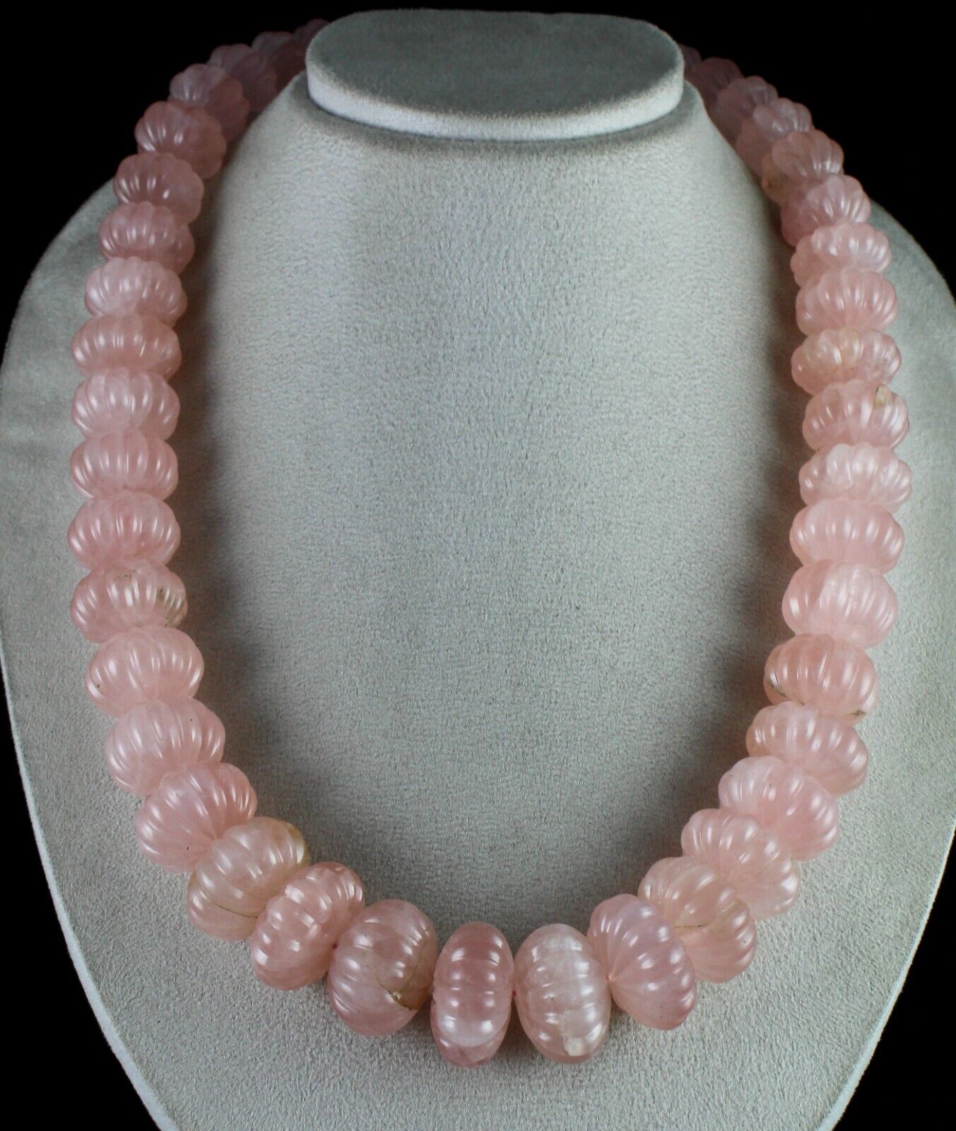 Vintage Natural Rose Quartz Melon Carved Beads 2406 Ct Gemstone Silver Necklace