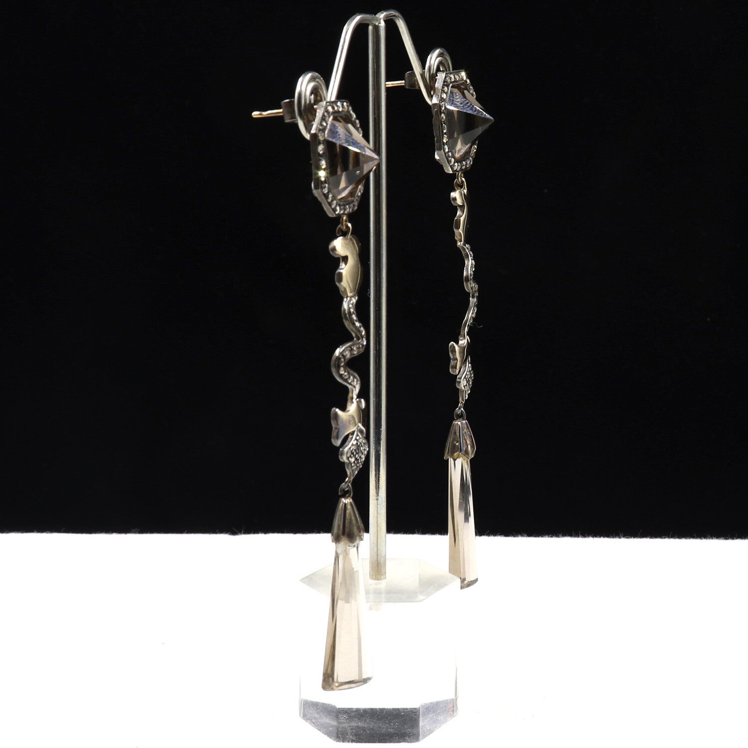 Victorian 18k Gold Smoky Quartz 84.35ct Natural Diamond Sterling Silver Earrings