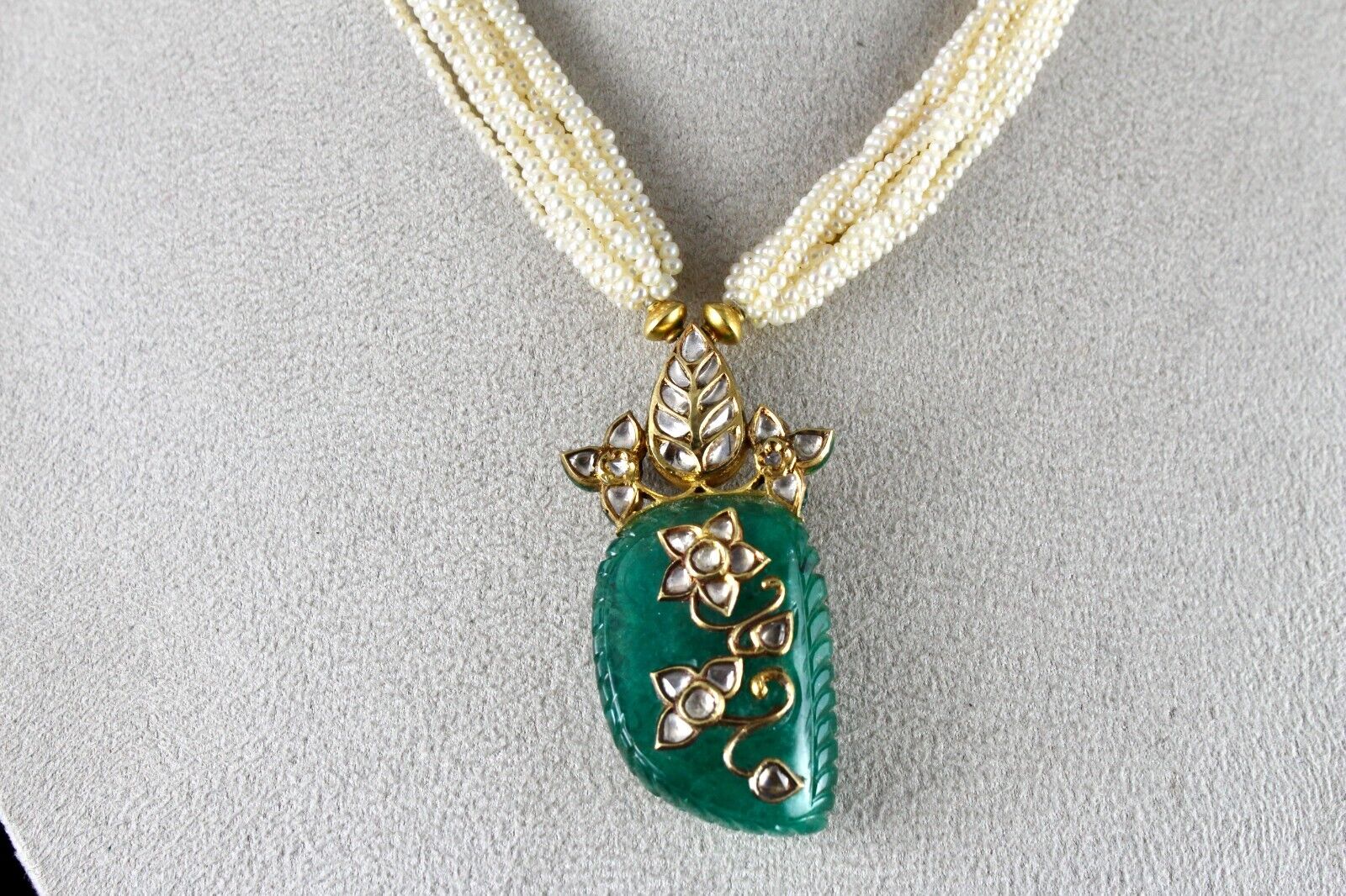 Natural Zambia Carved Emerald Diamond 18K Gold Kundan Meena Pearl Jadau Necklace