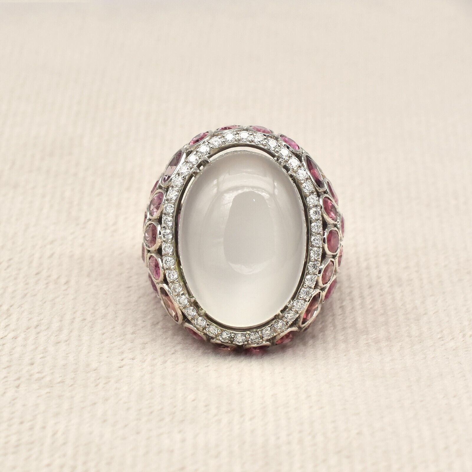 Natural Moonstone Cabochon Pink Tourmaline Moissanite 925 Silver Statement Ring