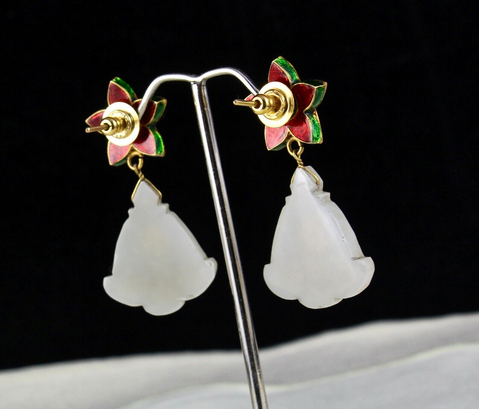 ANTIQUE OLD NEPHRITE JADE RUBY FLAT DIAMOND 18K GOLD JADAU STATEMENT EARRING