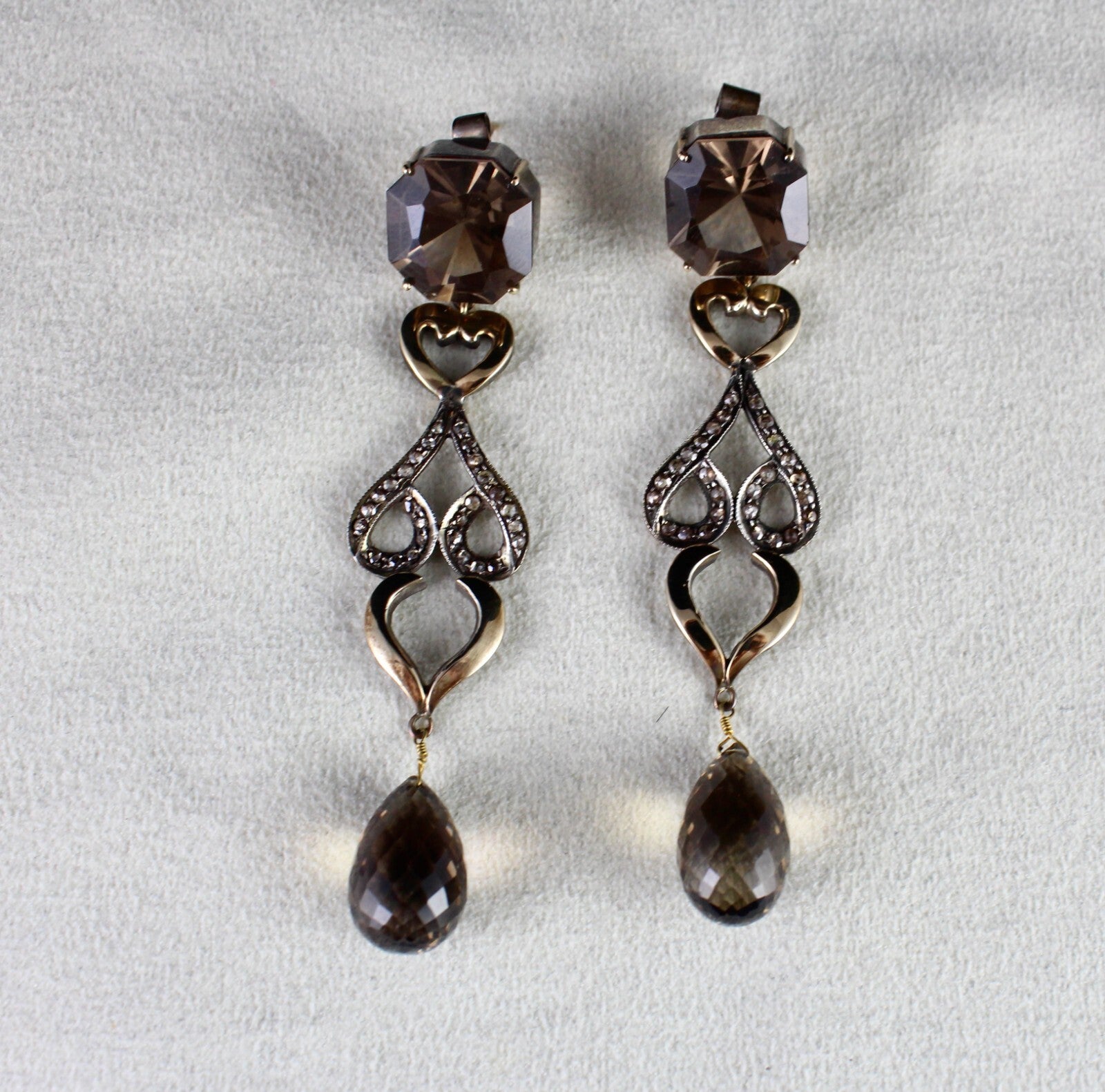 Certified Natural Smoky Quartz 108.55ct Diamond 18k Sterling Silver Earrings