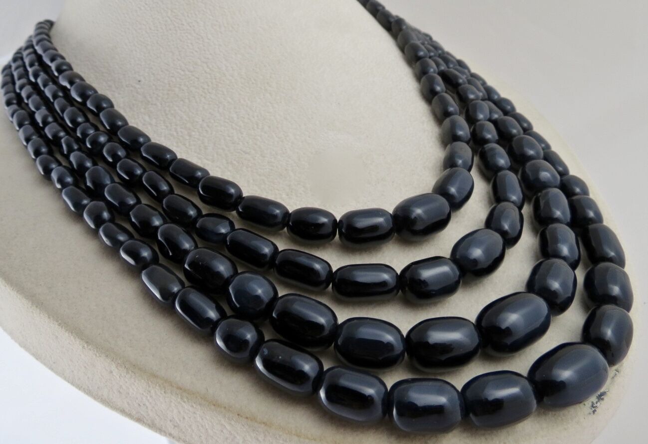 Black Onyx Long Tube Beaded 4 Line 830 Ct Gemstone Silver Fashion Necklace