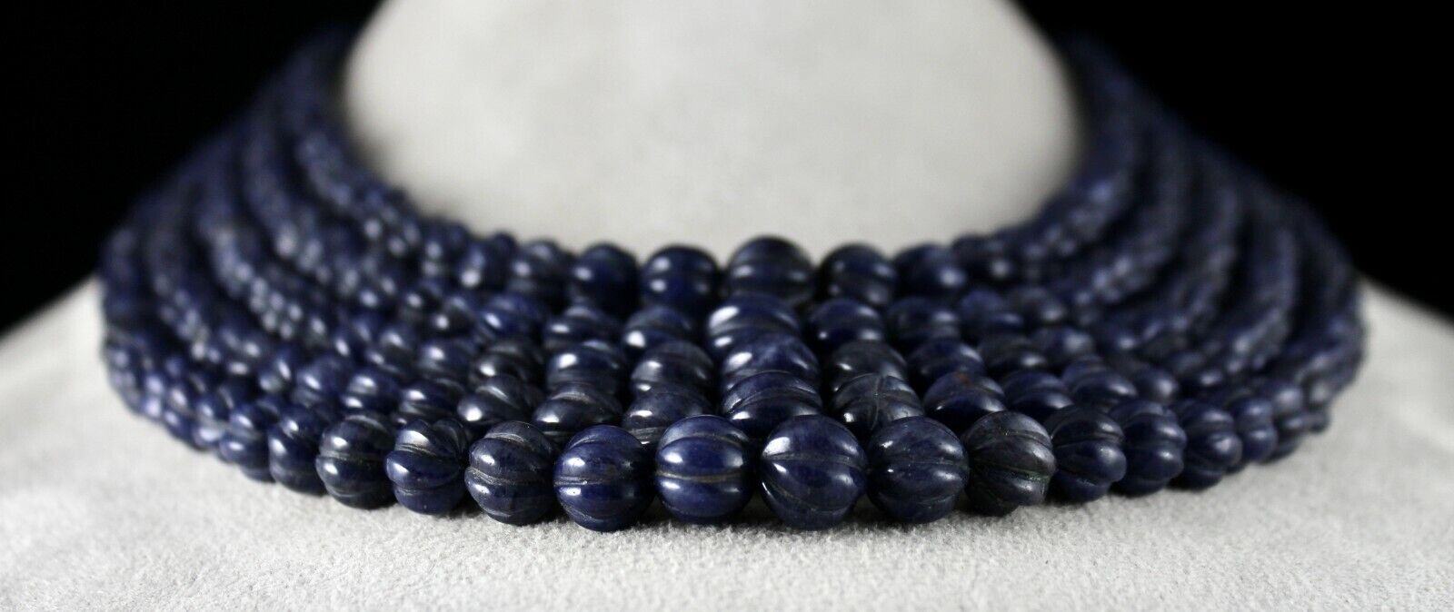 NATURAL BLUE JADE BEADS CARVED ROUND GEMSTONE 5 LINE 1217 CTS FASHION NECKLACE