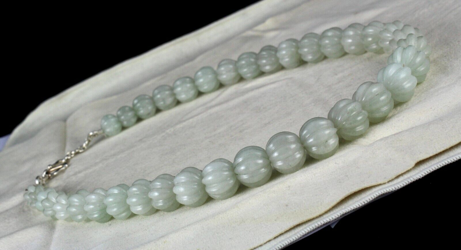 NATURAL INDIAN JADE MELON CARVED BEADS 1 L 828 CARATS GEMSTONE SILVER NECKLACE