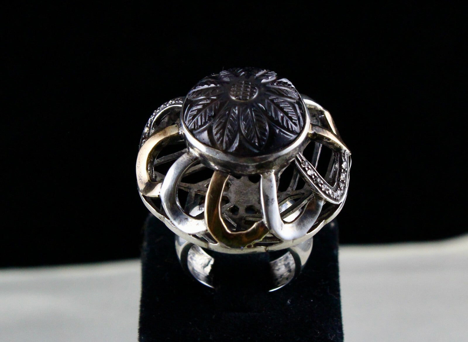 Natural Iolite 126ct Natural Diamond 18k Gold Silver Victorian Cocktail Ring