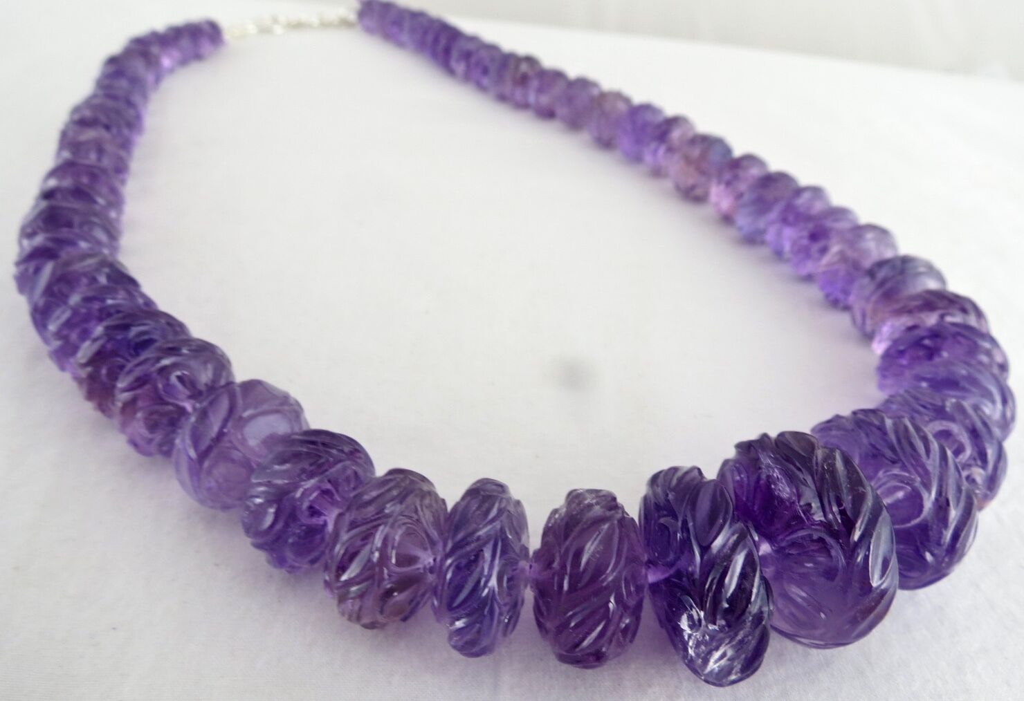 Natural Amethyst Beads Carved Round 782 Ct Gemstone Silver Vintage Necklace