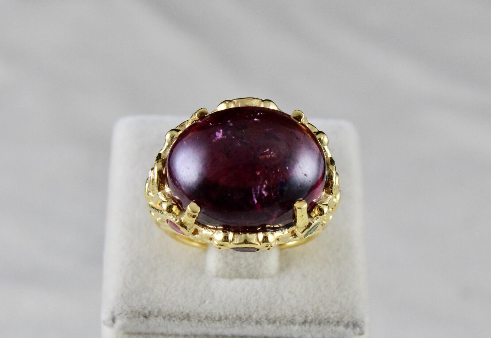 UNIQUE NATURAL PINK TOURMALINE CABOCHON CUT CARVED SILVER GOLD PLATED RING