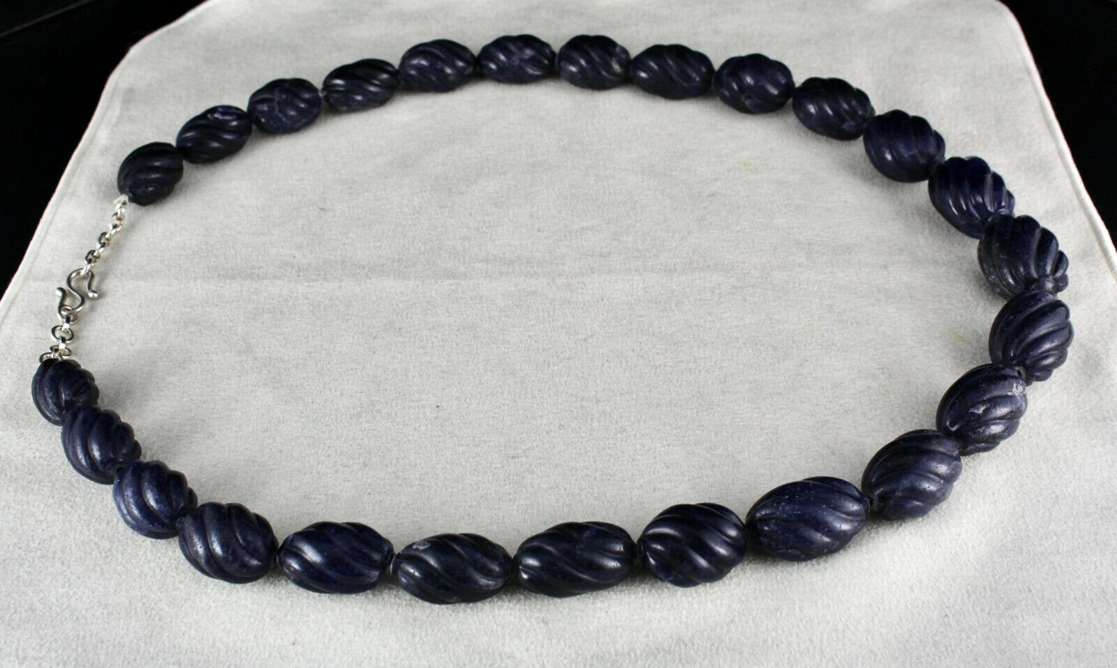 Blue Jade Carved Beaded Necklace 1 Line 1301 Carats Natural Stone Silver Clasp