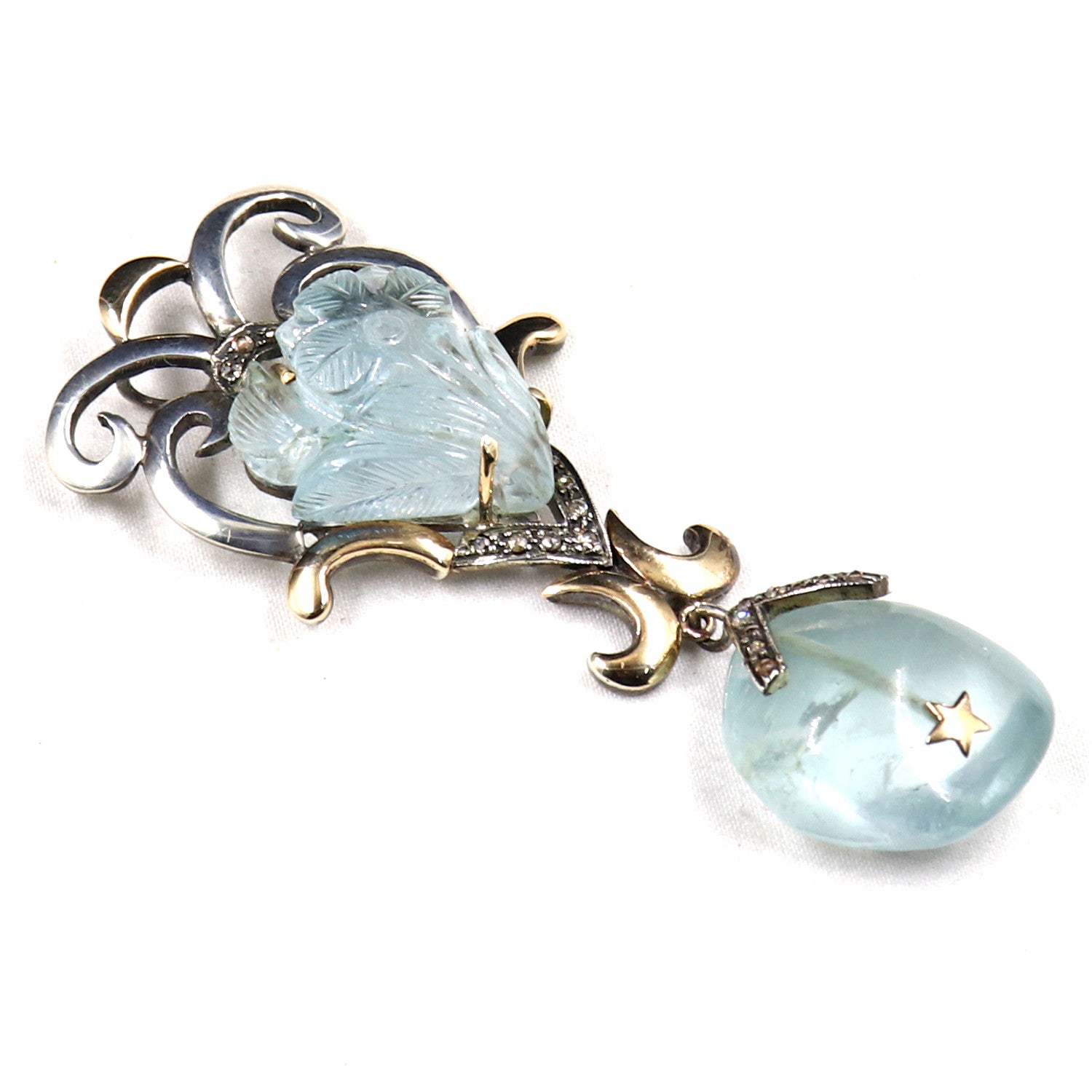 Certified Natural Blue Aquamarine 10ct Diamond Sterling Silver Victorian Pendant