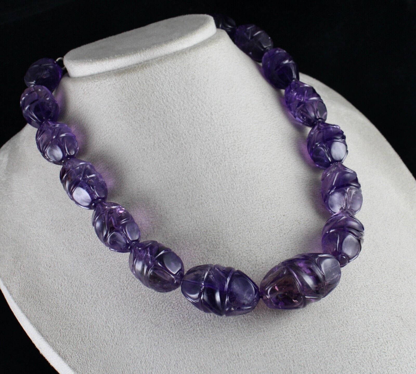 Vintage Natural Amethyst Beads Carved Long 1228 Ct Purple Stone Silver Necklace