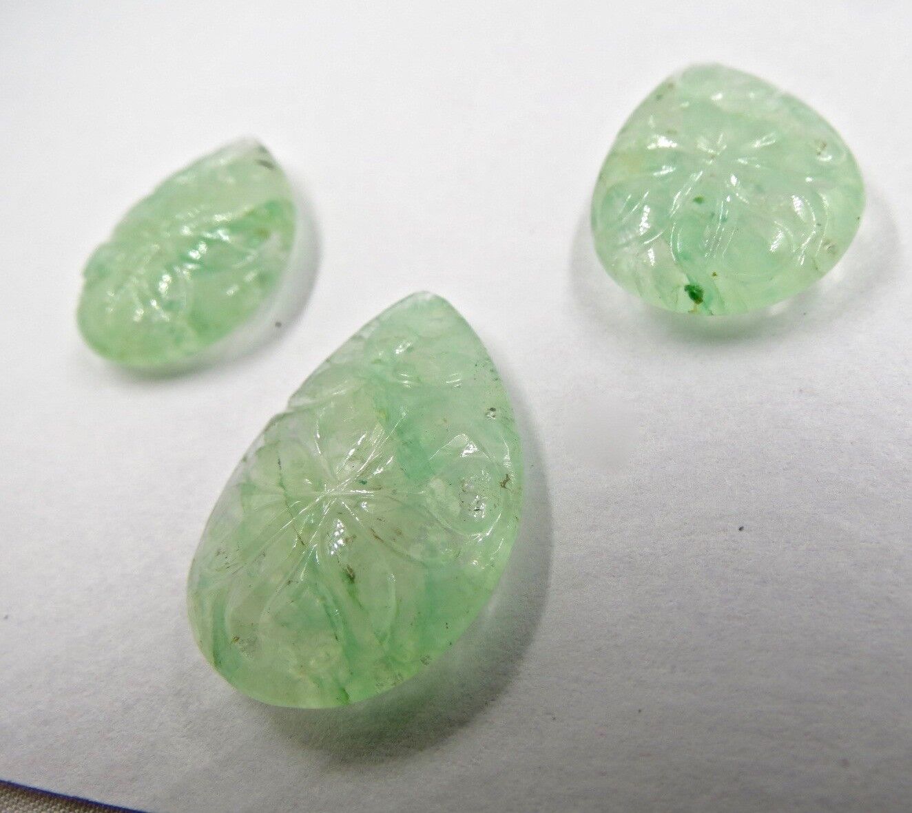 NATURAL GREEN COLOR EMERALD QUARTZ CARVED PEAR 3 PCS 67.85 CTS GEMSTONE