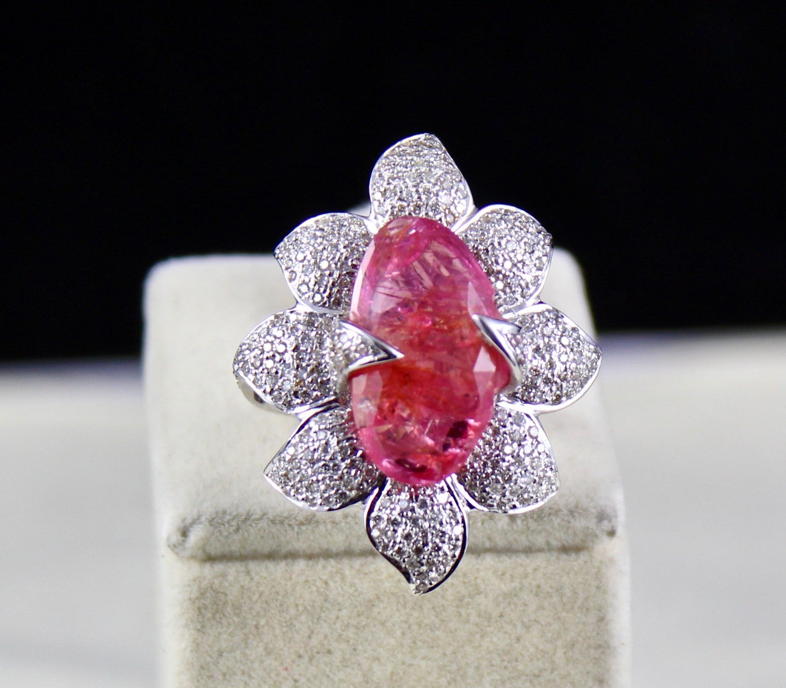 Natural Burma Ruby 12.11 Ct Cabochon Diamond Pavé Ring 18k White Gold For Women