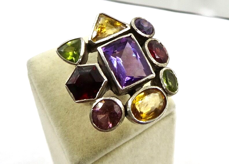 Multi Colour Amethyst Citrine Garnet Peridot Iolite Fancy Silver Cocktail Ring