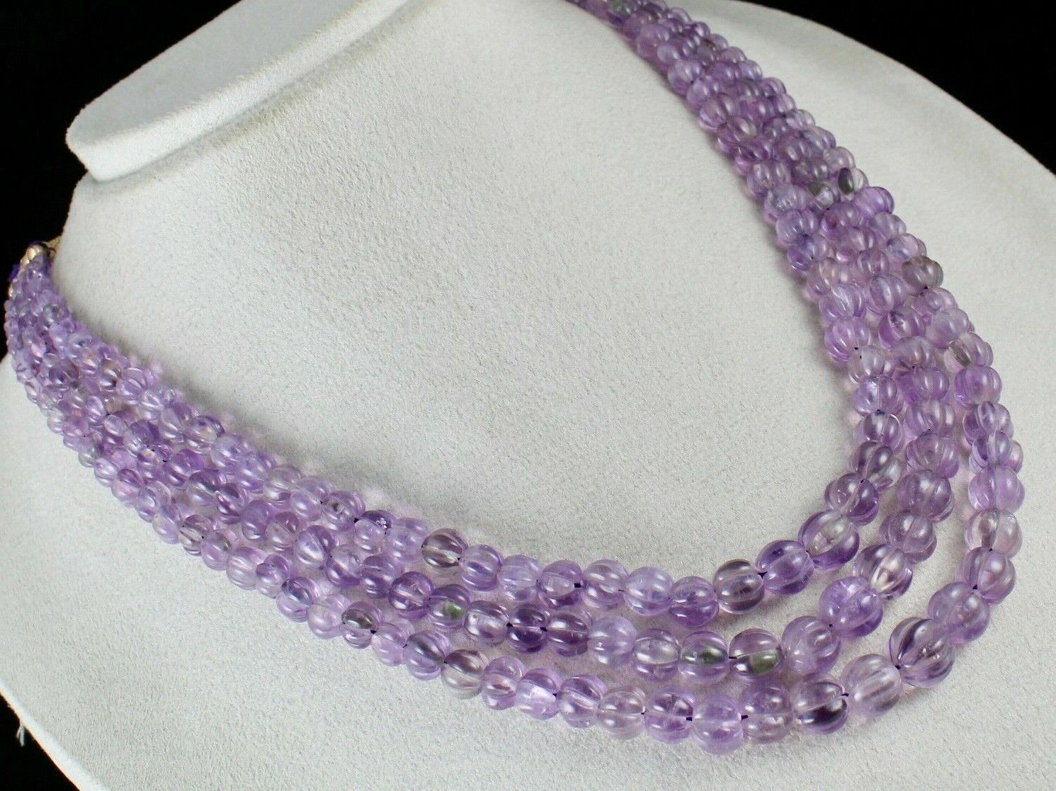 ANTIQUE NATURAL AMETHYST BEADS CARVED MELON 3 LINE 583 CARATS GEMSTONE NECKLACE