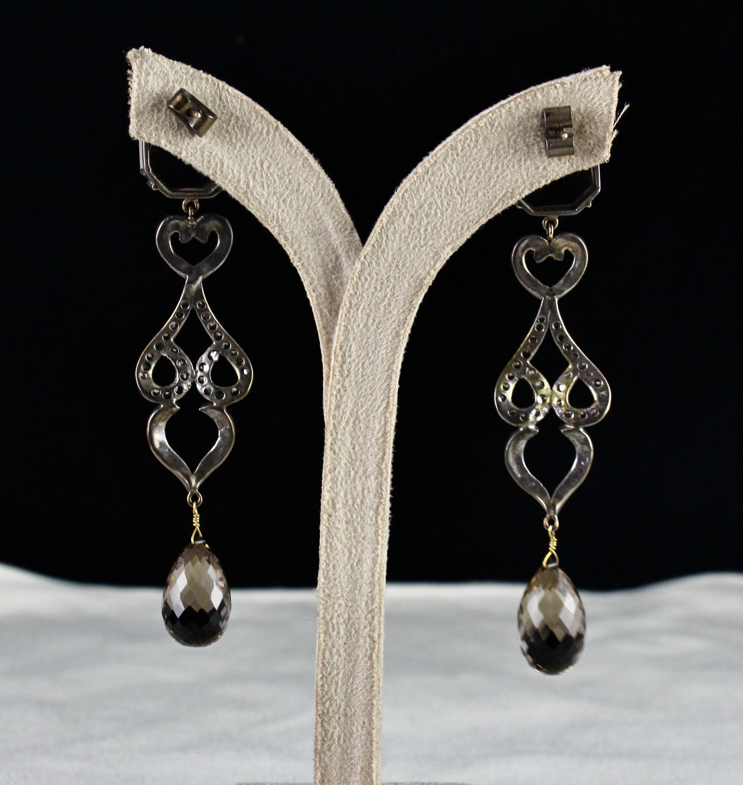 Certified Natural Smoky Quartz 108.55ct Diamond 18k Sterling Silver Earrings