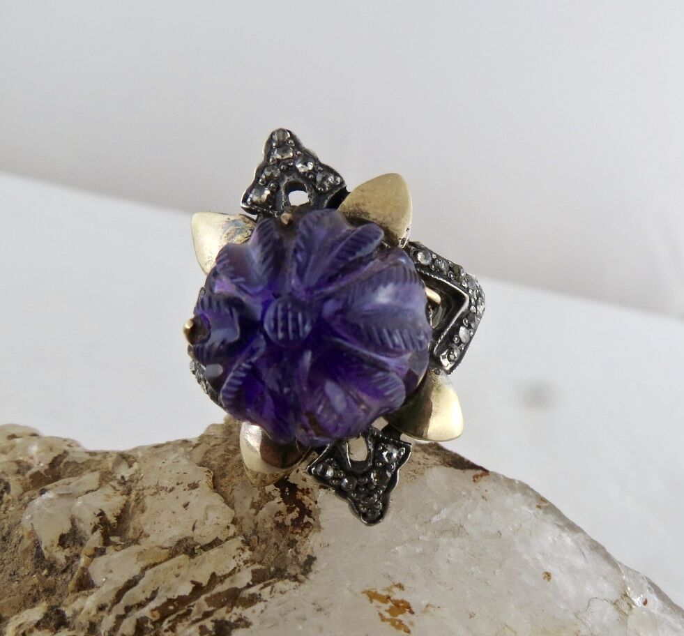 Antique Natural Amethyst Carved Diamond 18K Gold 925 Silver Victorian Ring