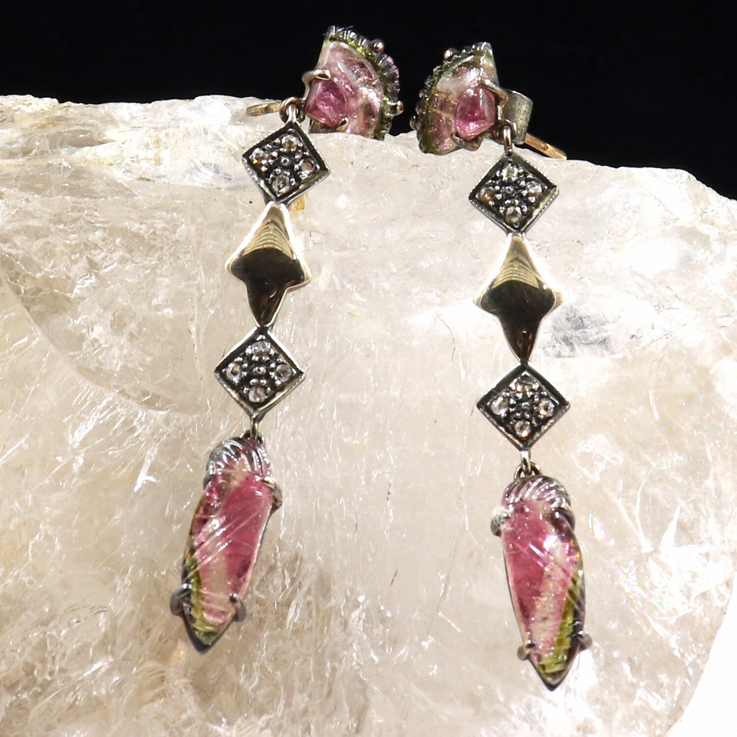 Estate Multi Tourmaline 10 Ct Natural Diamond Victorian Earring 18k Gold Silver