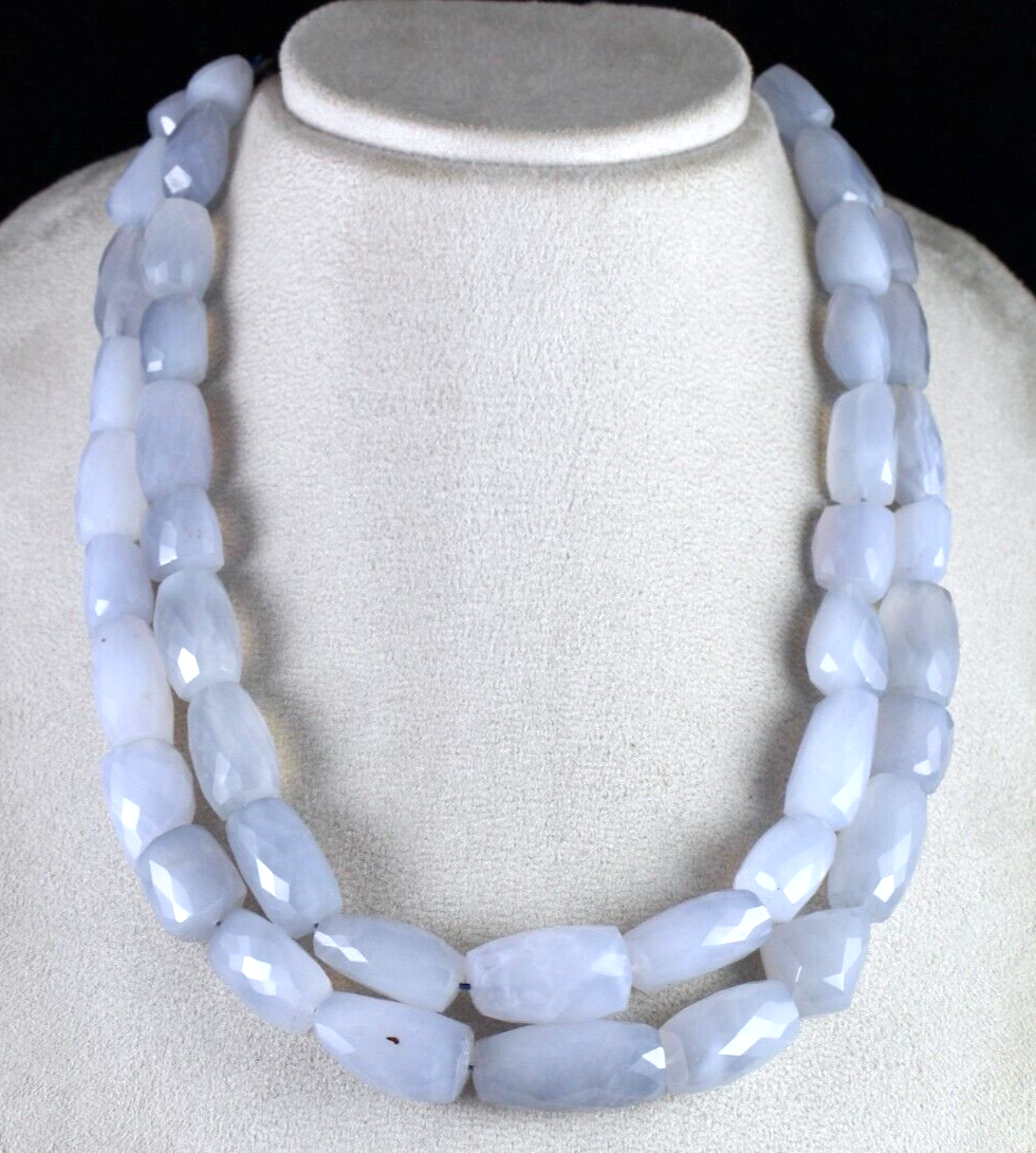 Certified Natural Blue Chalcedony 1290 Ct Faceted Beads Sterling Silver Necklace