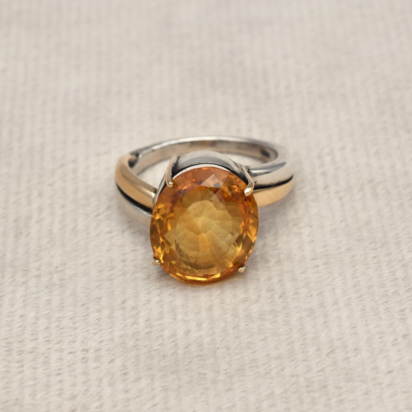 Vintage Yellow Citrine Ring 18k Gold 925 Silver Women Men November Birthstone