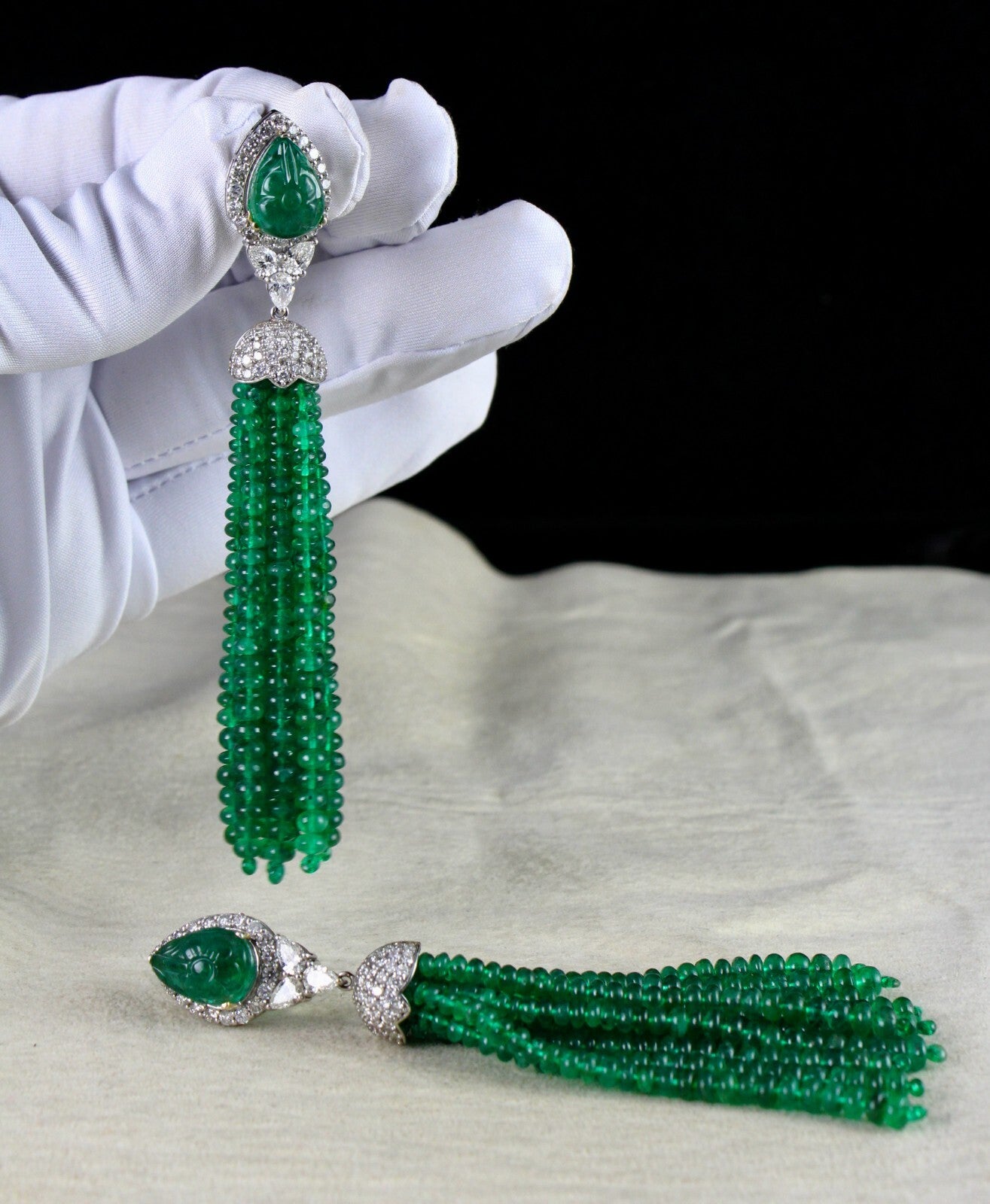 Certified Natural Zambia Emerald 198ct Natural Diamond 18k Gold Tassel Earrings