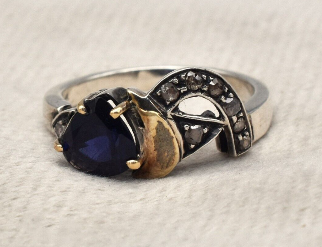 Vintage Blue Iolite Heart Cut 18K Gold Silver Victorian Women Fashion Ring