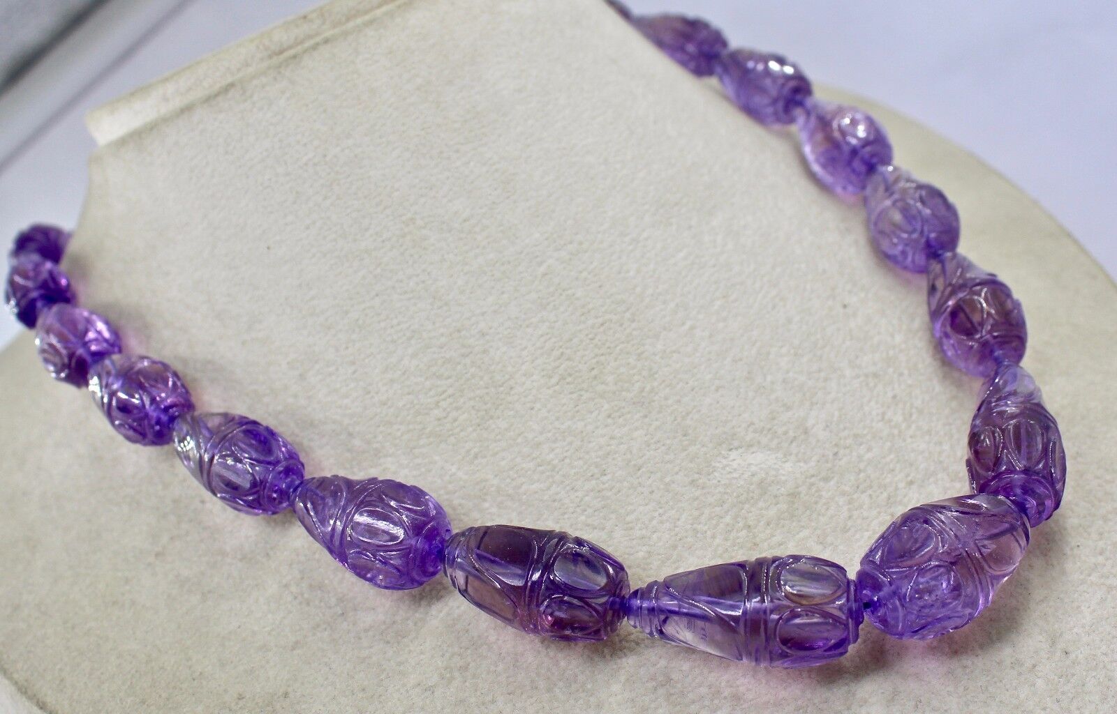 Natural Amethyst Beads Engraved Teardrop 625 Ct Gemstone Vintage Necklace