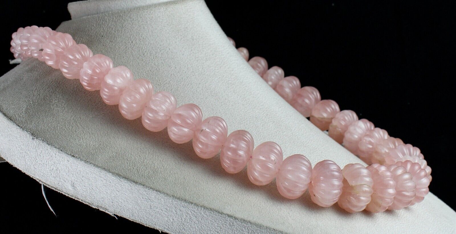 Vintage Natural Rose Quartz Melon Carved Beads 2406 Ct Gemstone Silver Necklace