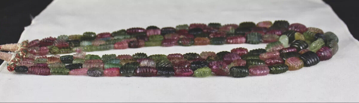 Natural Multi Colour Tourmaline Beads Carved Long 4L 1074 Ct Gemstone Necklace