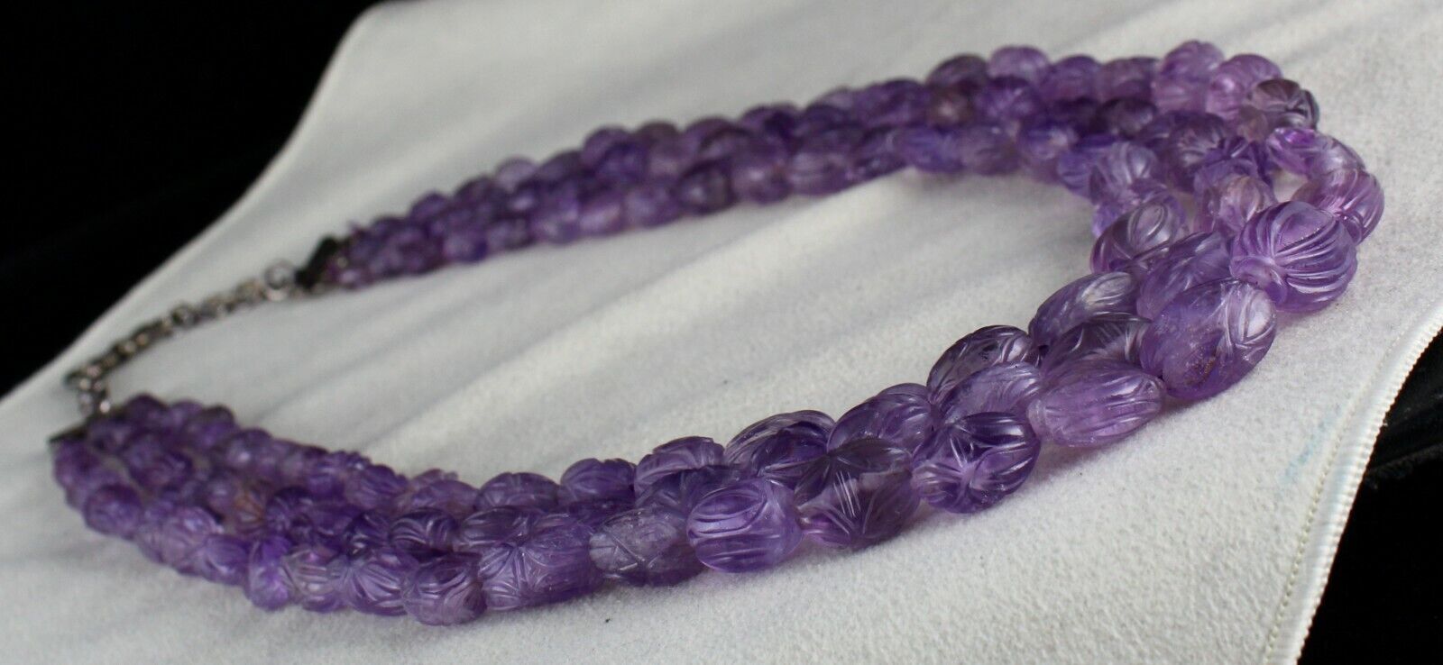 ANTIQUE NATURAL AMETHYST BEADS CARVED 3 LINE 716 CARATS GEMSTONE SILVER NECKLACE