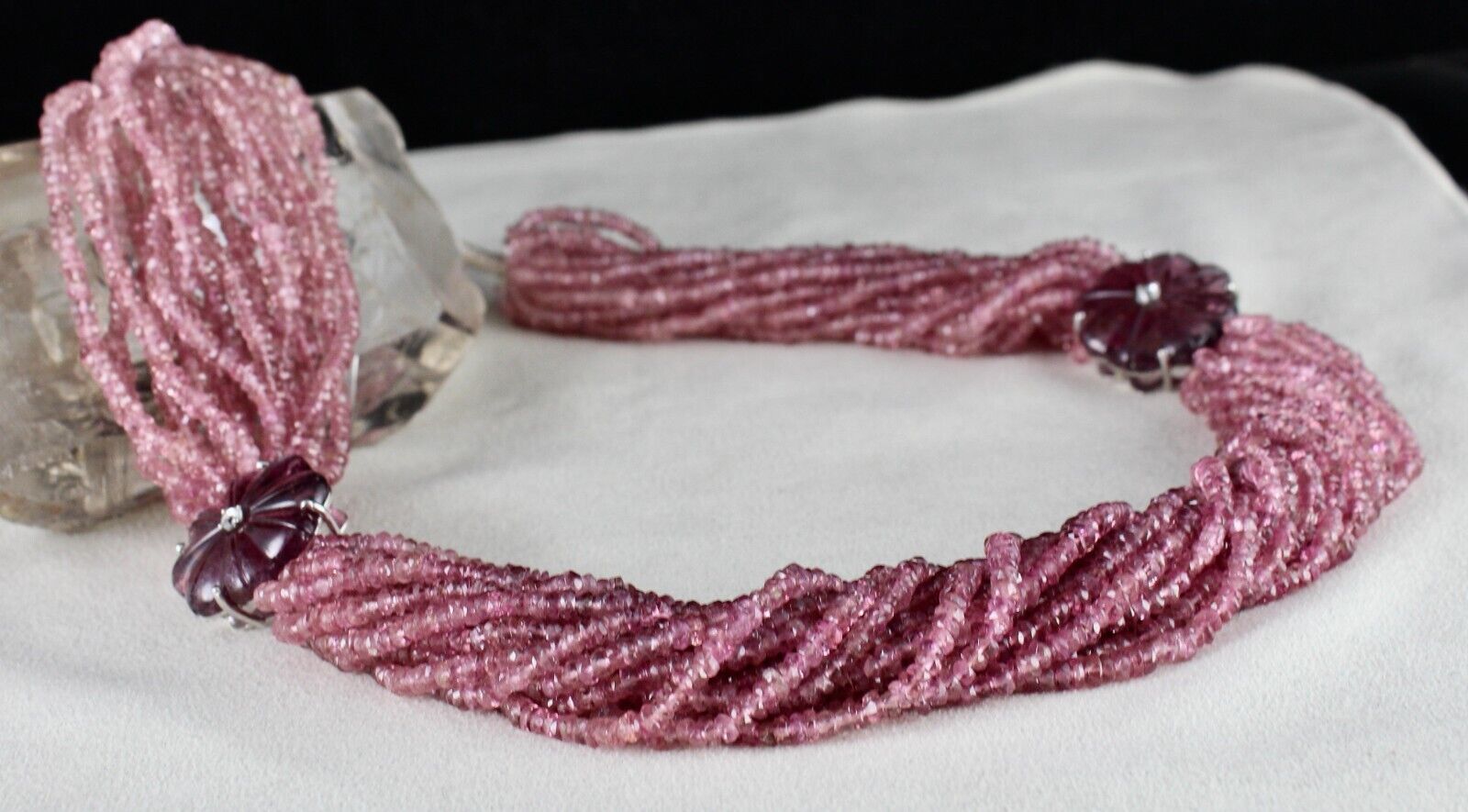 Natural Pink Tourmaline Carved & Beads 878 Ct Stone Diamond Silver Fine Necklace