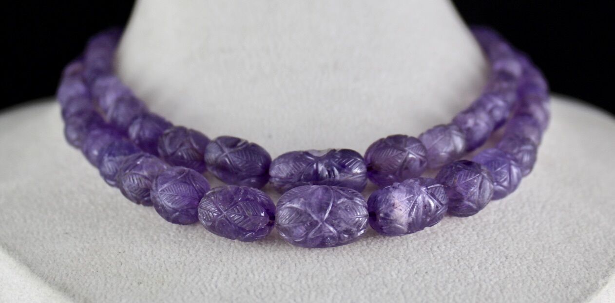 NATURAL AMETHYST CARVED BEADS 2 LINE 608 CTS GEMSTONE NECKLACE WITH SILVER HOOK