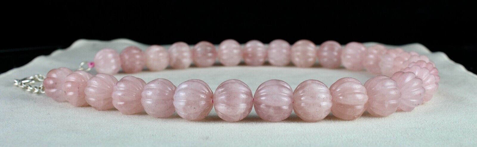 Natural Rose Quartz Melon Carved Beads 1185 Ct Pink Gemstone Silver Necklace