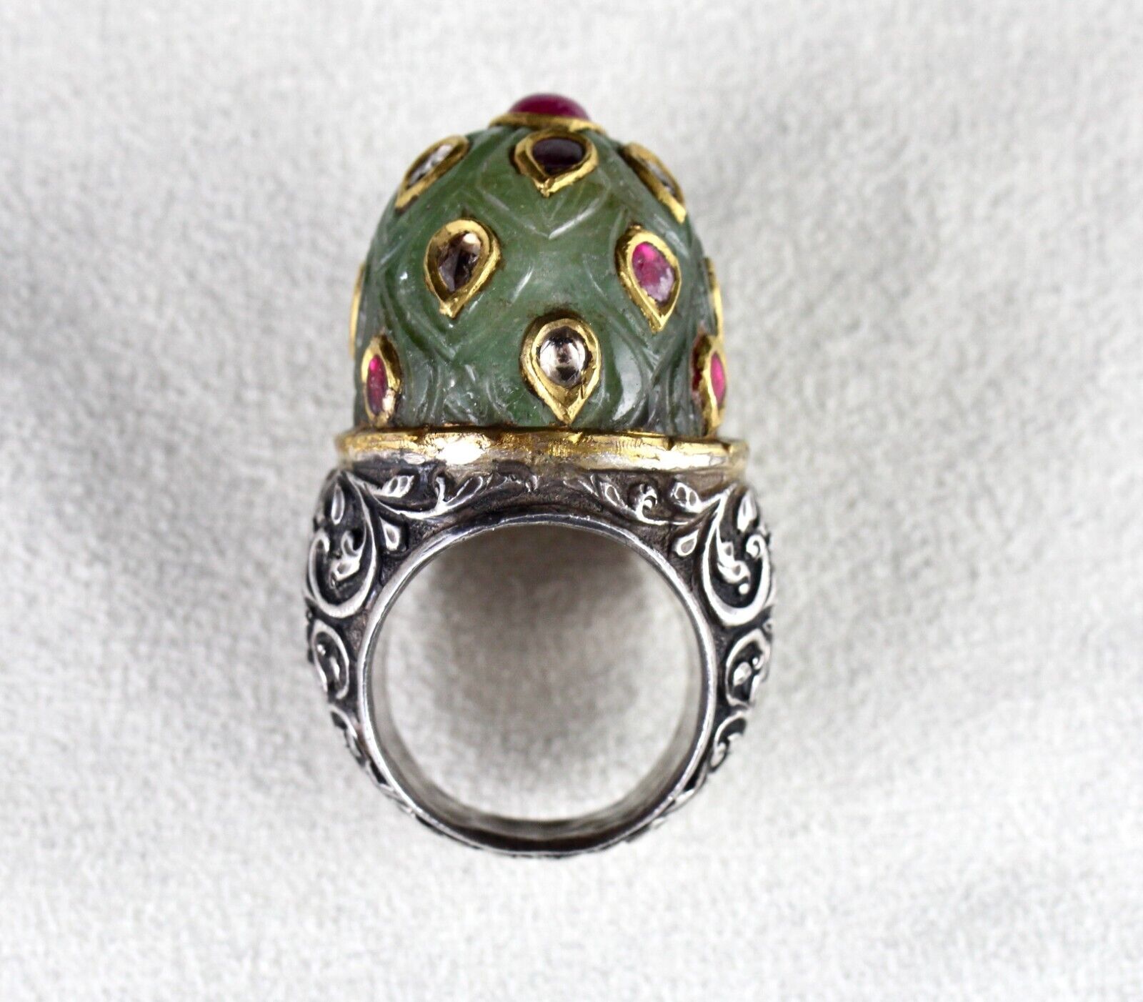 ANTIQUE COLOMBIAN EMERALD CARVED RUBY DIAMOND GOLD JADAU LADIES 925 SILVER RING