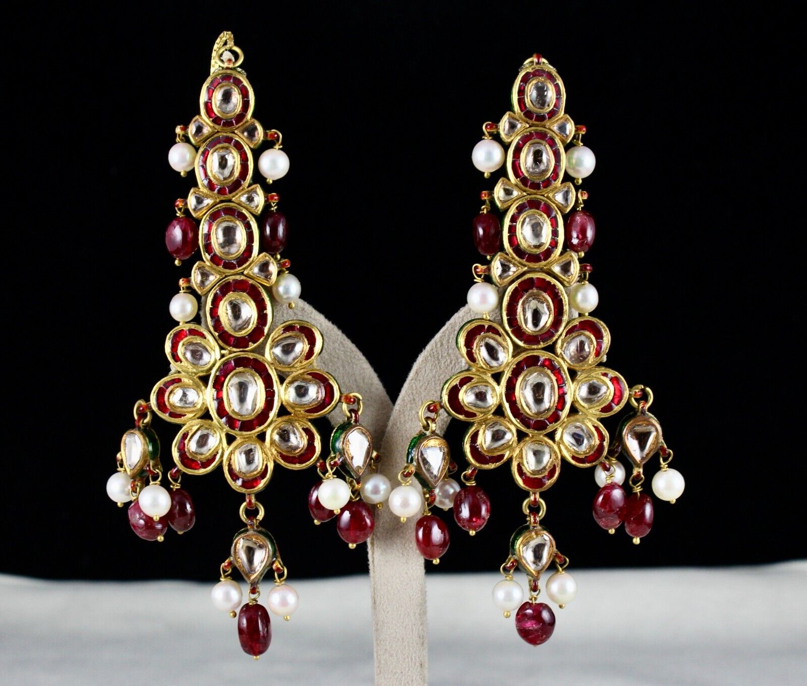 Antique Diamond Spinel Pearl 22K Gold Jadau Kundan Meena Ladies Dangle Earring