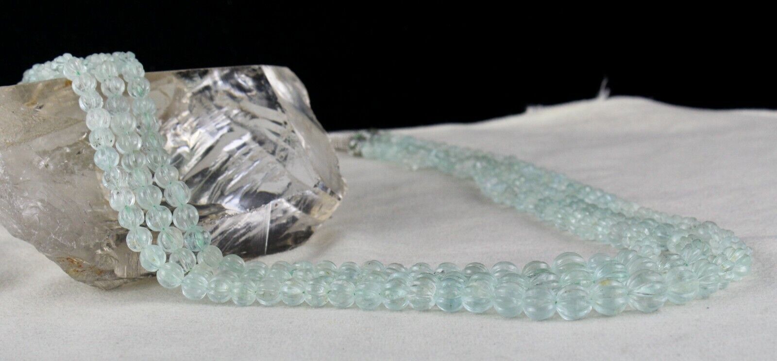 NATURAL BLUE AQUAMARINE CARVED MELON ROUND BEADS 3L 395 CTS GEMSTONE NECKLACE