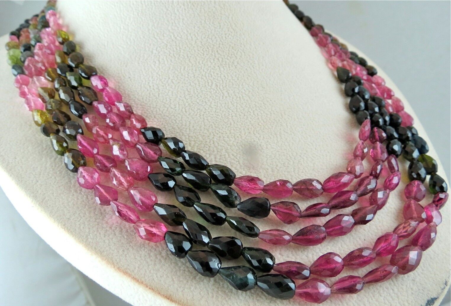 NATURAL MULTI TOURMALINE BEADS FACETED TEARDROPS 5 LINE 560CTS GEMSTONE NECKLACE