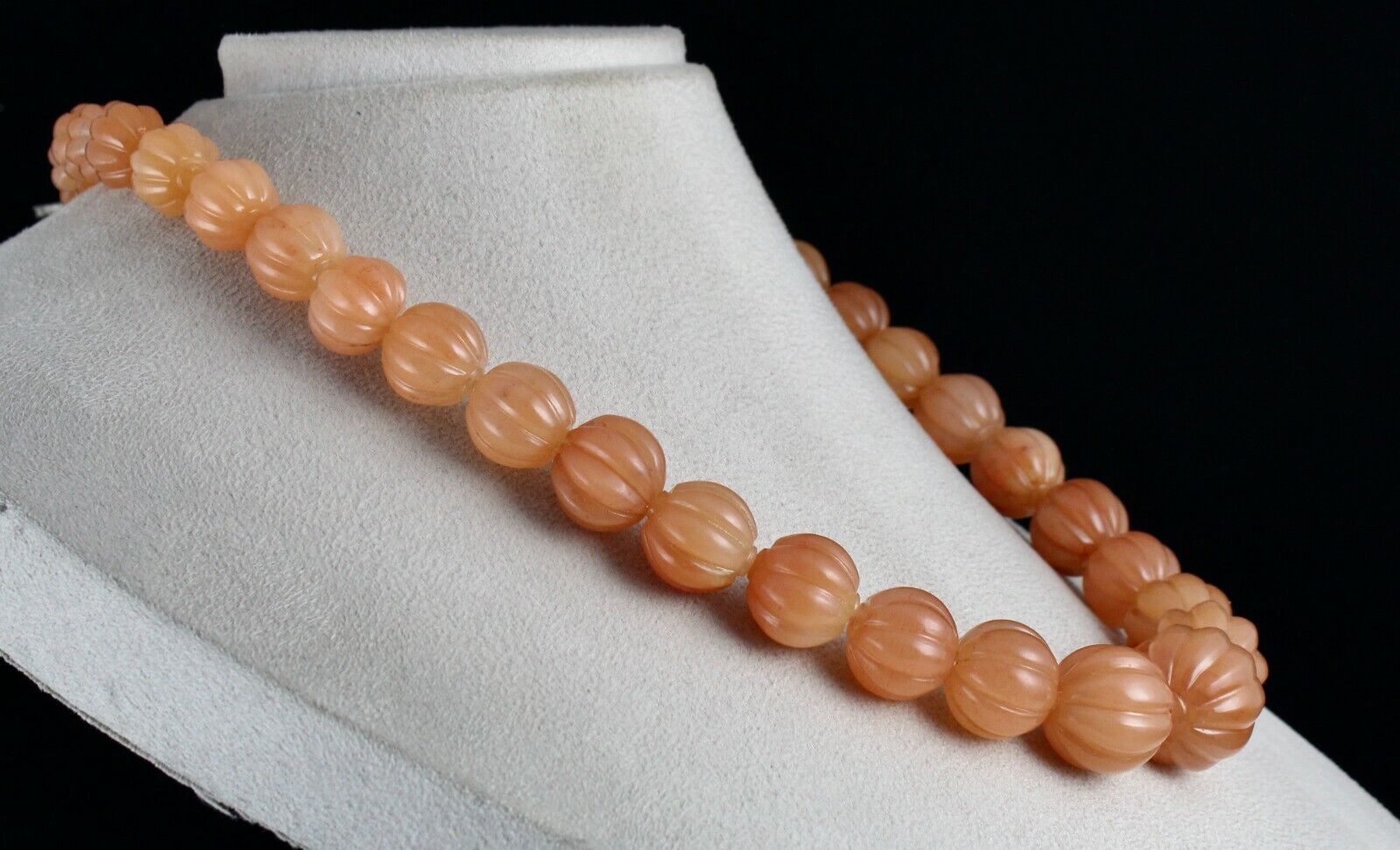 Natural Orange Quartz Carved Melon Beaded Necklace 1072 Carat Stone Silver Clasp