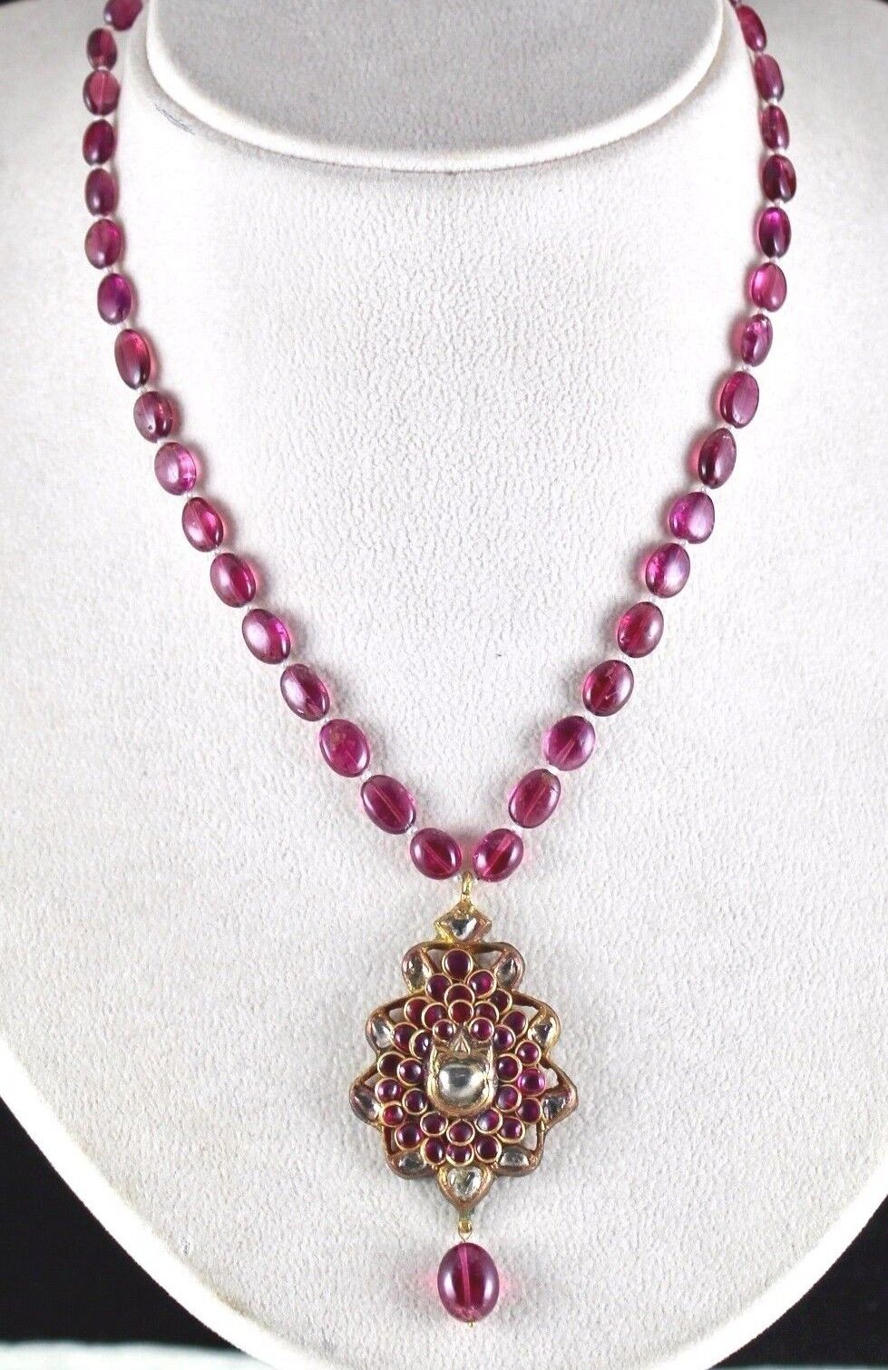 NATURAL DIAMOND RUBY JADAU 18K GOLD PINK RUBELLITE CABOCHON PENDANT NECKLACE