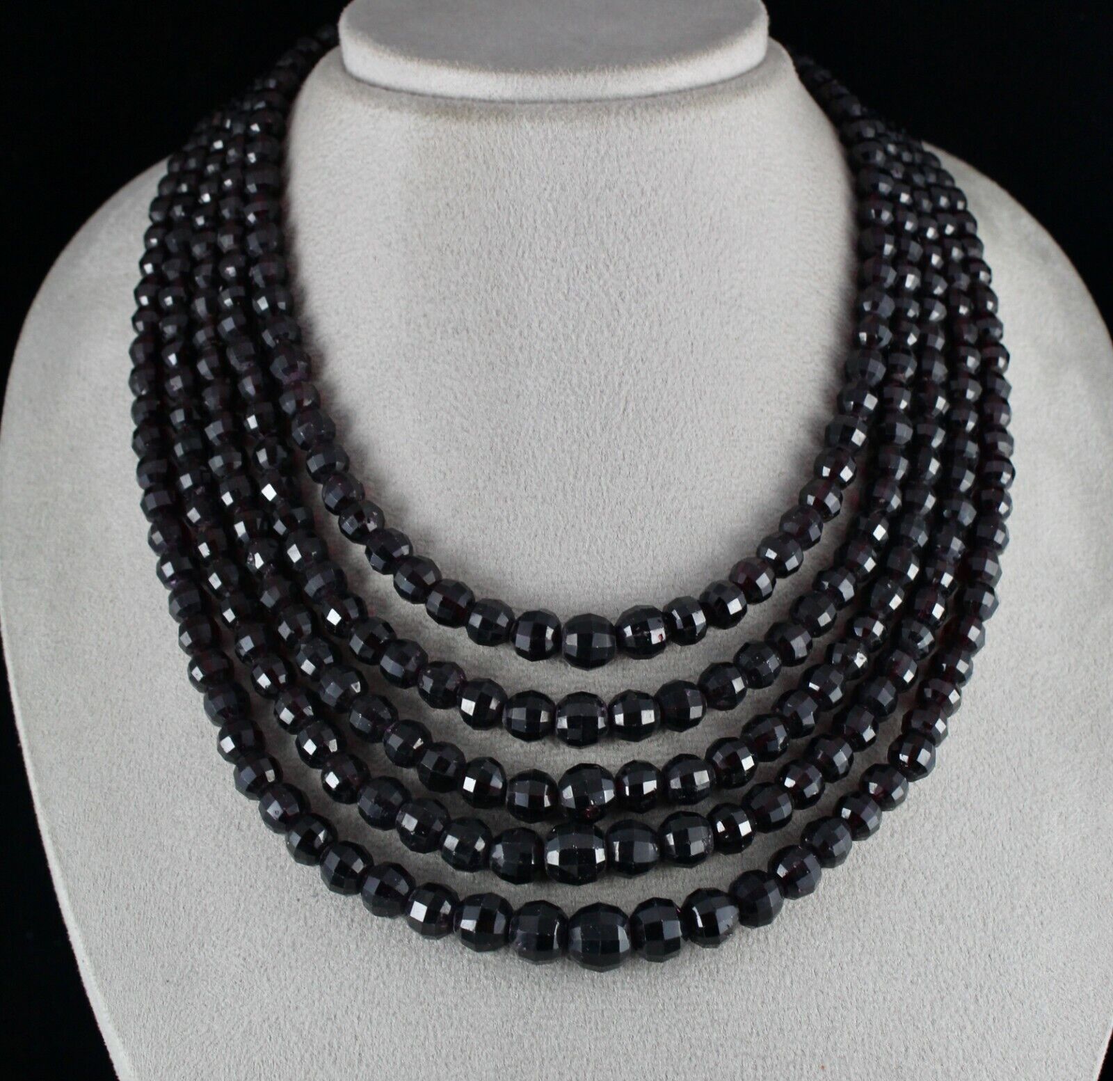 Natural Garnet Beaded Necklace 5 Line 1859 Carats Round Gemstone Silver Clasp