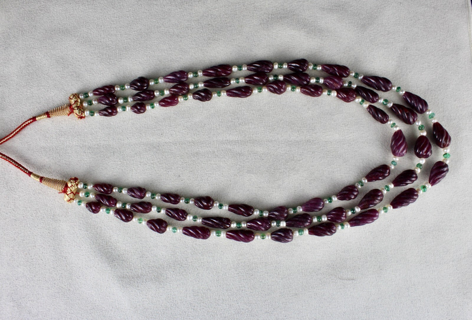 Certified Natural Ruby 525ct Carved Tear Drops Emerald Pearl Necklace