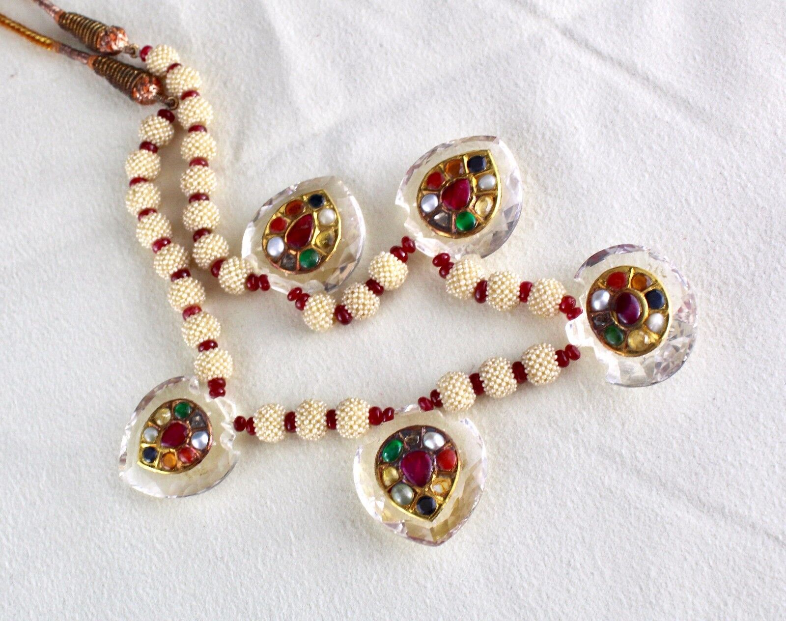 NATURAL ROCK CRYSTAL NAVRATAN 22K GOLD JADAU PEARL SPINEL BEADS NECKLACE