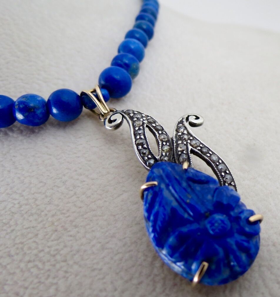 BLUE NATURAL LAPIS LAZULI CARVED DIAMOND VICTORIAN PENDANT IN 925 SILVER & GOLD