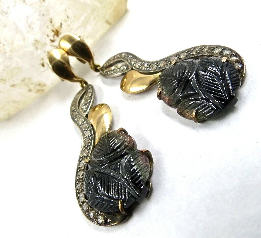 MULTI COLOR TOURMALINE CARVED LEAVES 18K GOLD DIAMOND SILVER VICTORIAN EARRING