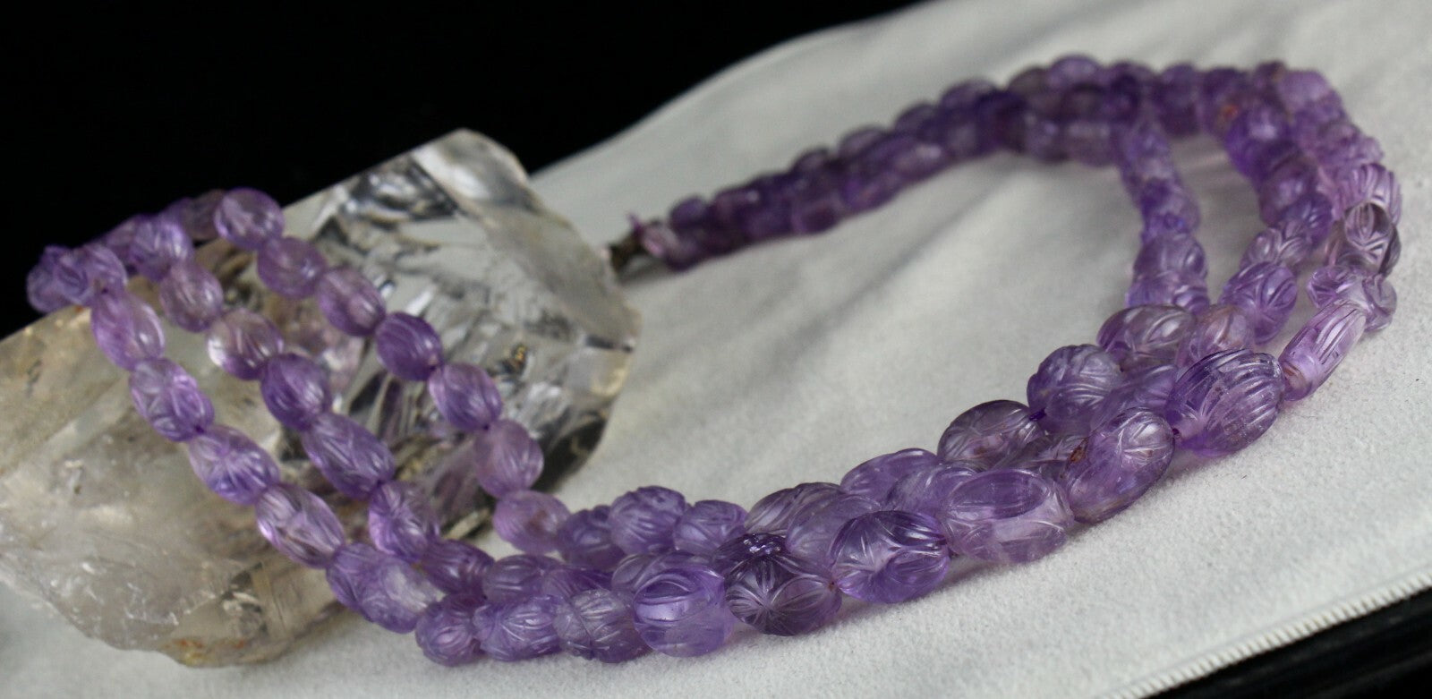 Antique Carved Amethyst Beads Necklace 716 Ct Sterling Silver 3 Line Gemstone