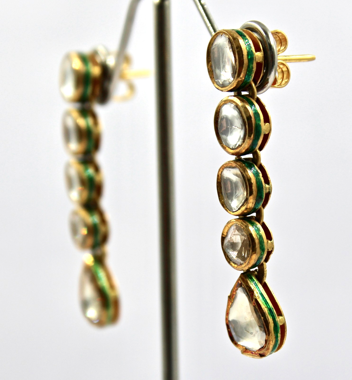 Certified Natural Diamond 74.45ct 22k Gold Jadau Kundan Meena Vintage Earrings