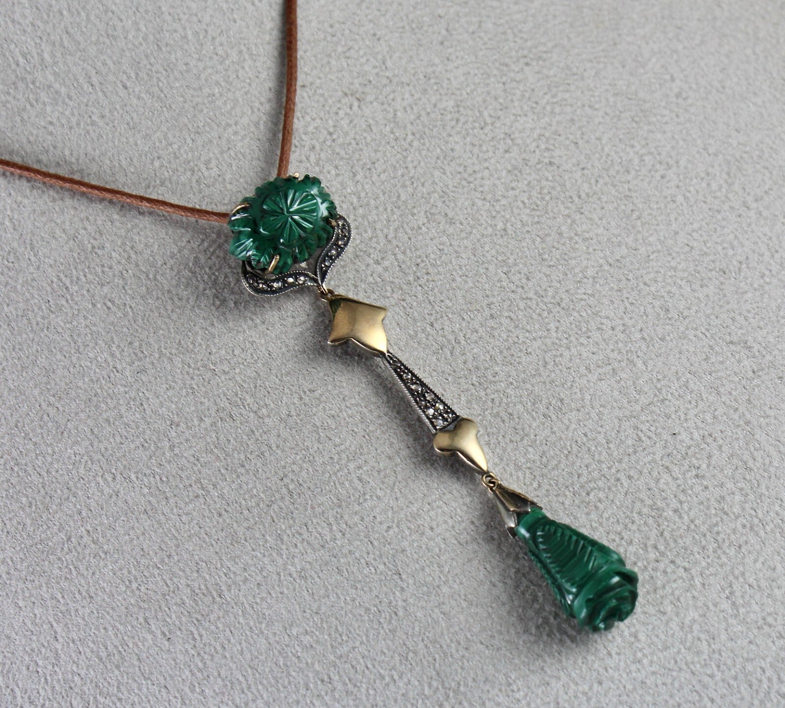 Certified Natural Malachite 10ct Diamond Sterling Silver 18k Gold Victorian Set